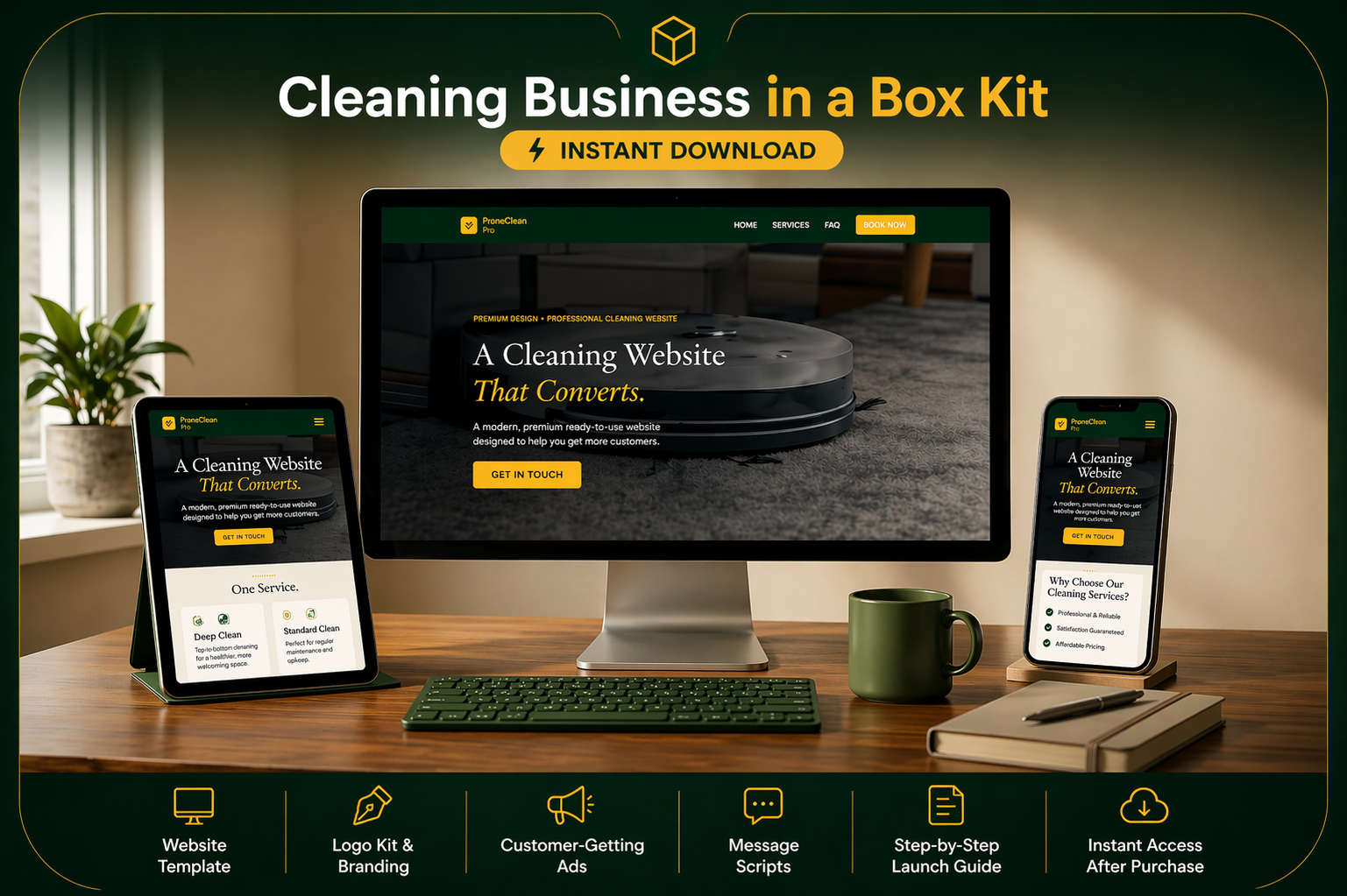Cleaning Business in a Box Kit product preview showing the website, logo kit, ads, scripts, launch guide, and instant download